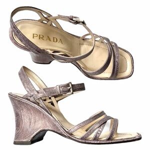 PRADA Metallic Mauve Strappy Wedge Sandals